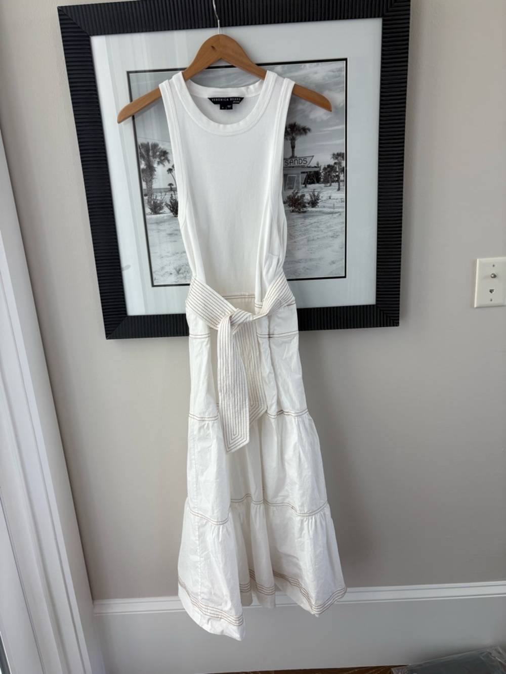 Veronica Beard Austyn Tiered White Midi Dress Tie Waist Size M - Picture 6 of 11